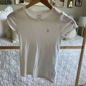 Kids White Polo Shirt with pink logo